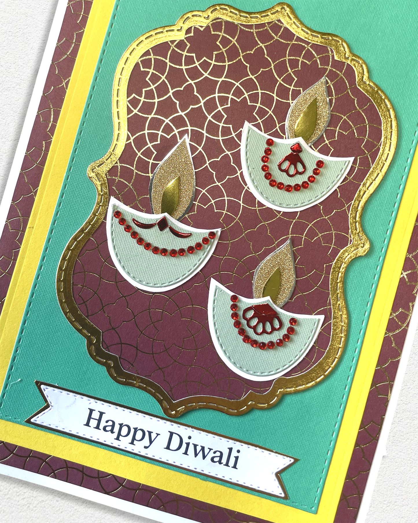 Handmade Diwali Cards NZ – Green Foil Festival of Lights Greeting Card