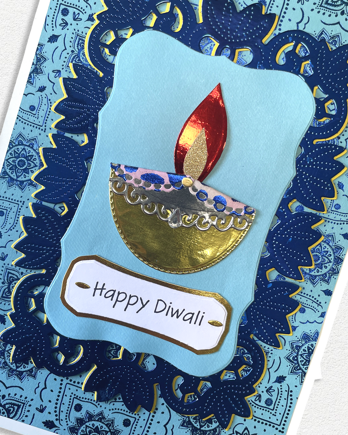 Handmade Diwali Cards NZ – Blue Foil Festival of Lights Greeting Card