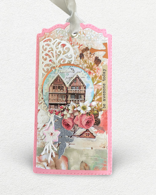 Luxury handmade gift tag with ornate white filigree frame, vintage Tudor cottage illustration, pink roses and delicate floral spray on a blush pink background — made in Auckland New Zealand by Del Cards NZ