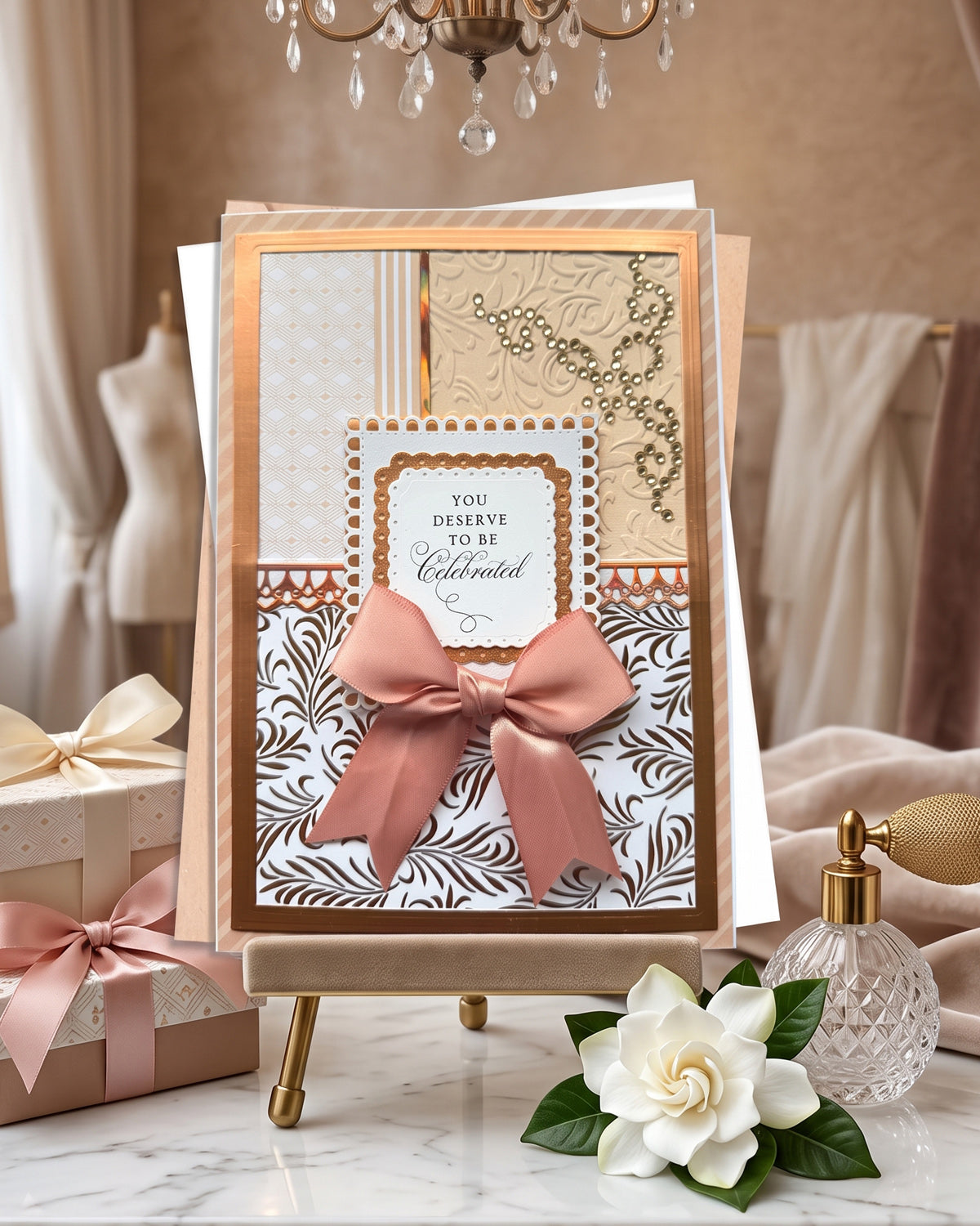 A decorative greeting card displayed on a small easel stand in a styled indoor setting. The card features layered cream, beige, and white patterned sections, a large dusty pink ribbon bow, and a central white label with elegant script text.