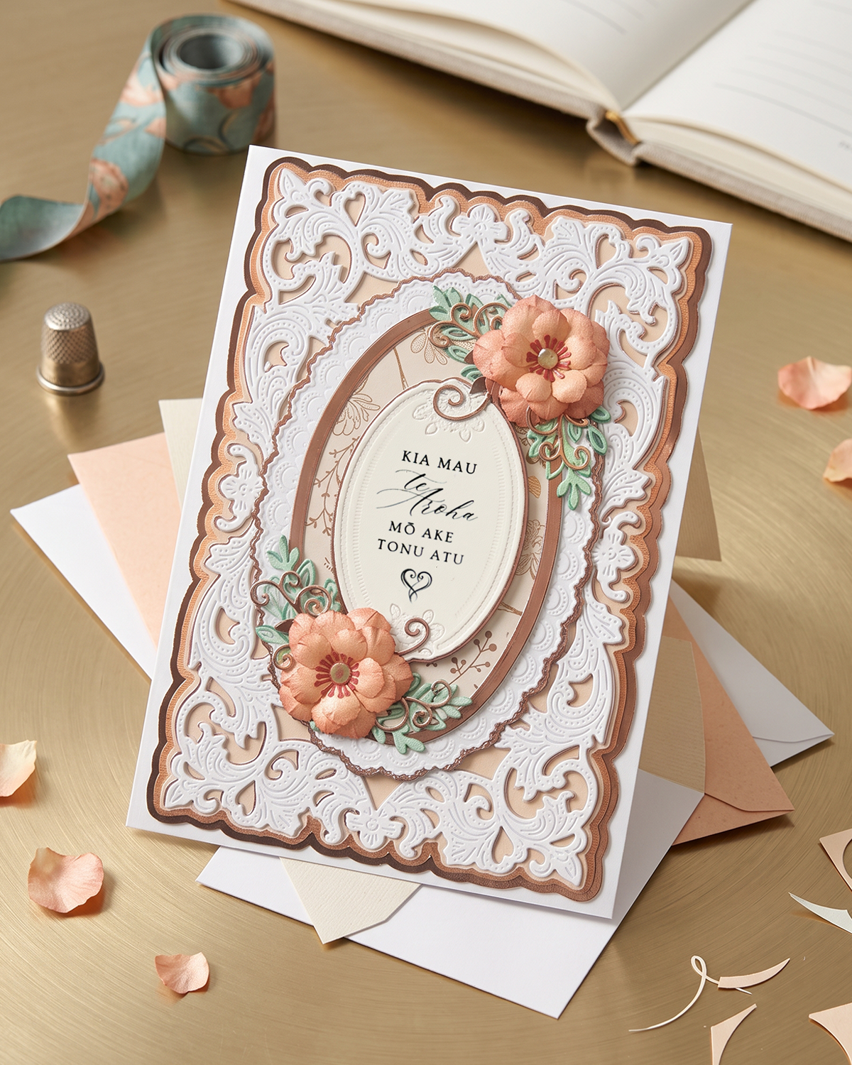 An ornate layered greeting card with a white scalloped border, a tan inner frame, and peach floral embellishments, placed on a gold-toned surface with paper envelopes, petals, and crafting props around it. Maori Wedding card made by Del Cards NZ.