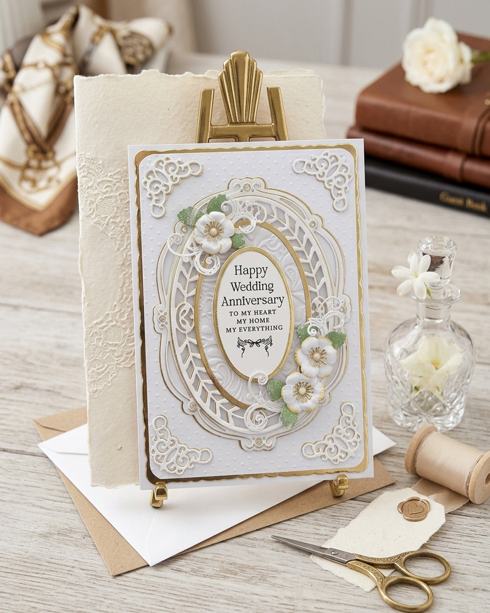 A handmade wedding anniversary card with ornate white and gold layered floral designs, displayed on a small gold stand on a wooden table with stationery props.