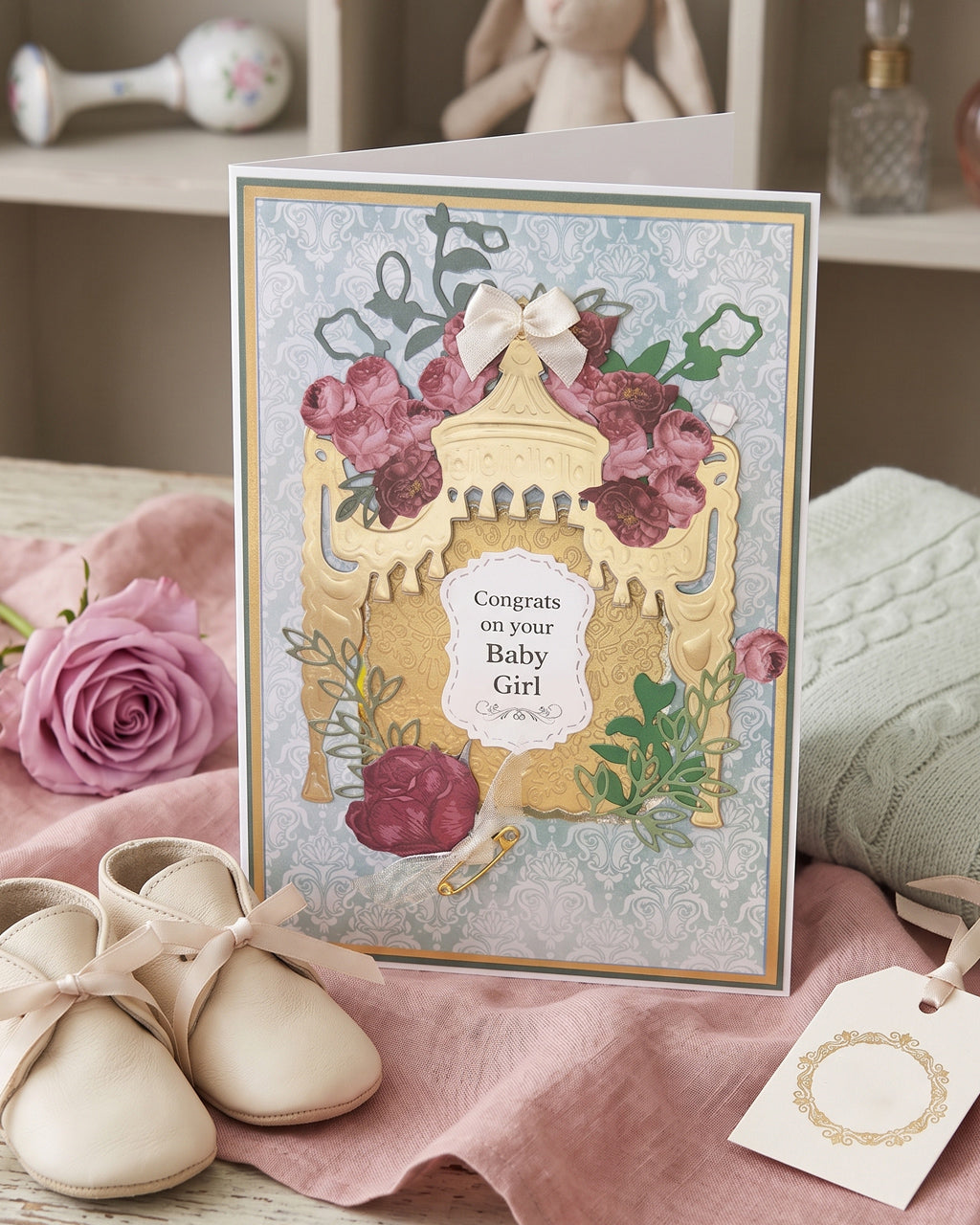 Detailed shot of congratulations new baby girl card, luxury handmade greeting card New Zealand