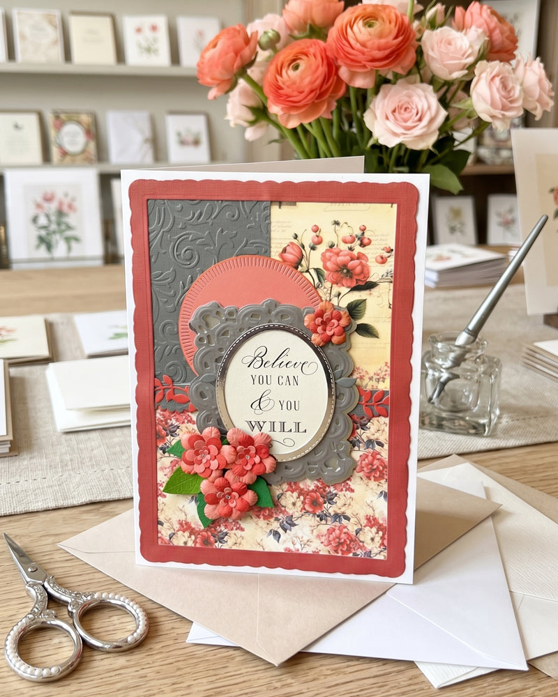 Handmade coral and grey "Believe in Yourself" encouragement card displayed upright in a bright styled workspace setting with scissors and fresh flowers alongside. Warm coral and vintage floral tones make this a beautiful handmade card made in New Zealand by Del Cards NZ.