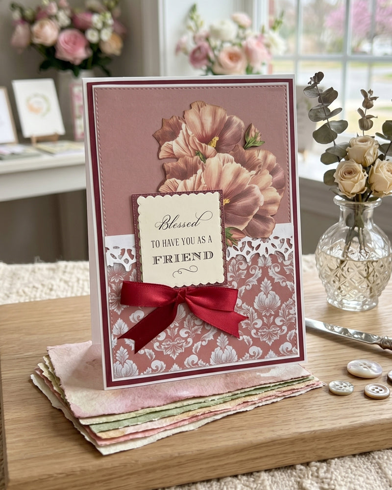Handmade burgundy and dusty rose friendship card displayed upright in a warm styled setting with a glass vase of dried flowers and natural props alongside. Vintage peach florals and a rich red satin bow make this an elegant handmade card made in New Zealand by Del Cards NZ.