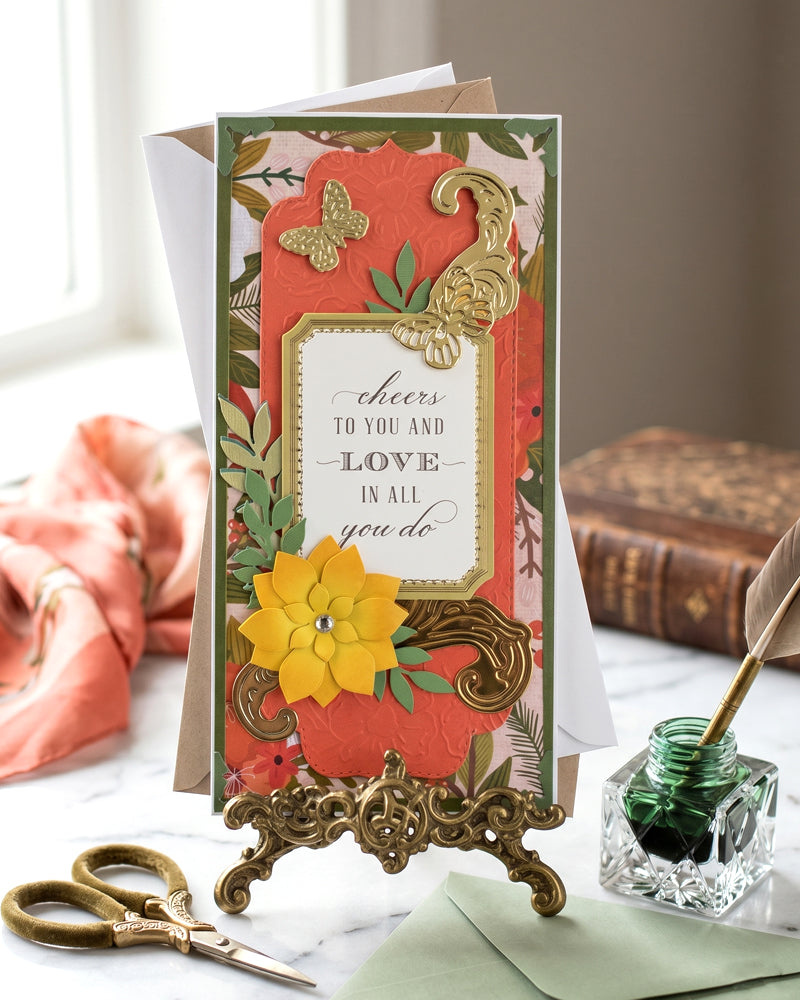 Cheers to you greeting card made in New Zealand by Del Cards NZ. Golden and orange details.