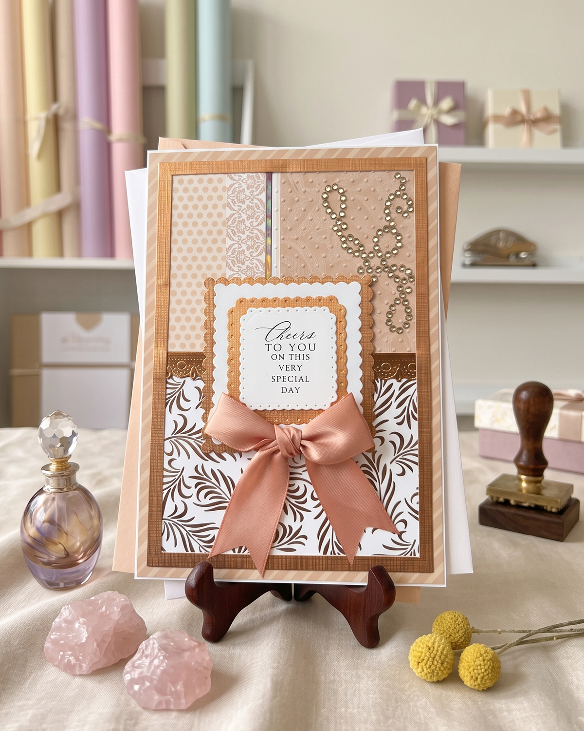 A handmade greeting card displayed on a small wooden easel stand, featuring layered tan and white patterns, a dusty pink satin bow, and a central white card with the words 'Pass TO YOU ON THIS SPECIAL DAY'. The card is styled on a beige fabric surface with pink crystals, yellow pom-pom flowers, and a stamp in the background. Made by Del Cards NZ.