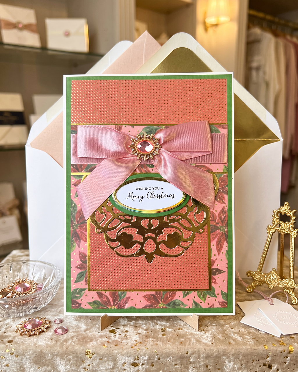 Luxury Handmade Christmas Card | Blush Ribbon & Jewel