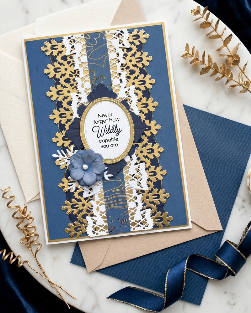 Stunning handmade empowerment card by Del Cards NZ, premium navy and gold papers and elegant embellishments