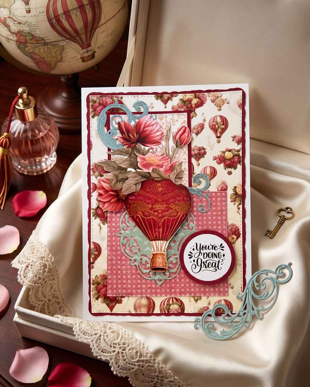 Handmade vintage hot air balloon encouragement card displayed upright against a soft ivory silk backdrop in a warm styled setting. Deep red, pink and teal tones with a dimensional balloon detail make this a distinctive handmade card made in New Zealand by Del Cards NZ.