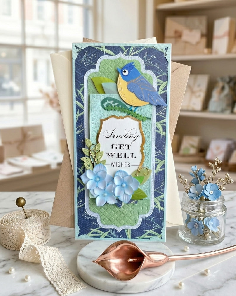 Slimline get well wishes card by Del Cards NZ, premium layered papers and fine embellishments