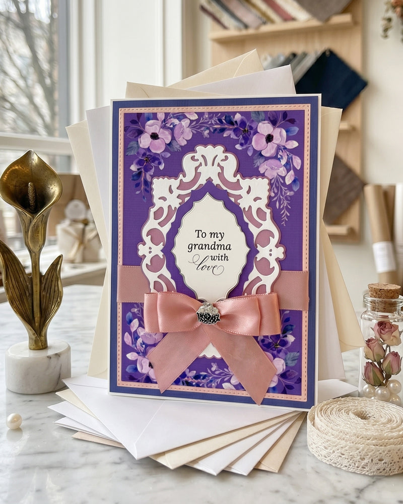 Handmade luxury grandma card styled in a soft home setting, propped among cream cards with warm natural light. Deep violet and dusky pink tones with ornate white detailing. A thoughtful handmade gift card made in New Zealand by Del Cards NZ.