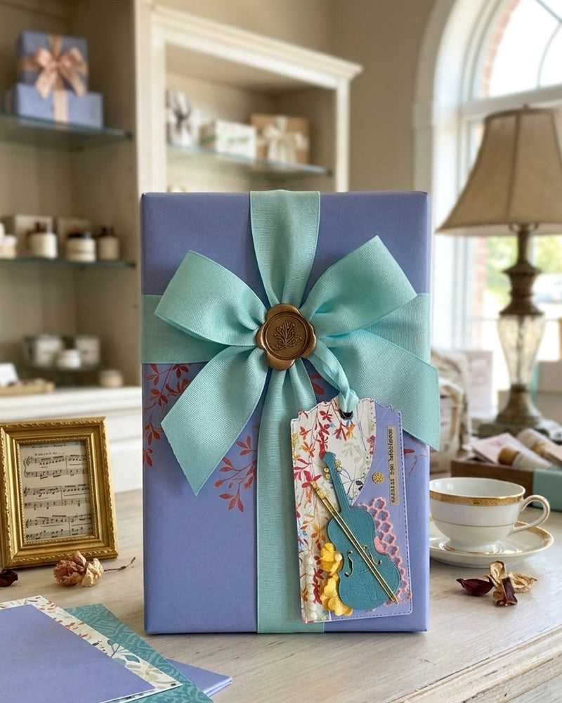 Luxury handmade music gift tag styled on a periwinkle gift box with teal satin bow โ Del Cards NZ handmade gift tags make a beautiful and memorable addition to any gift for a music lover