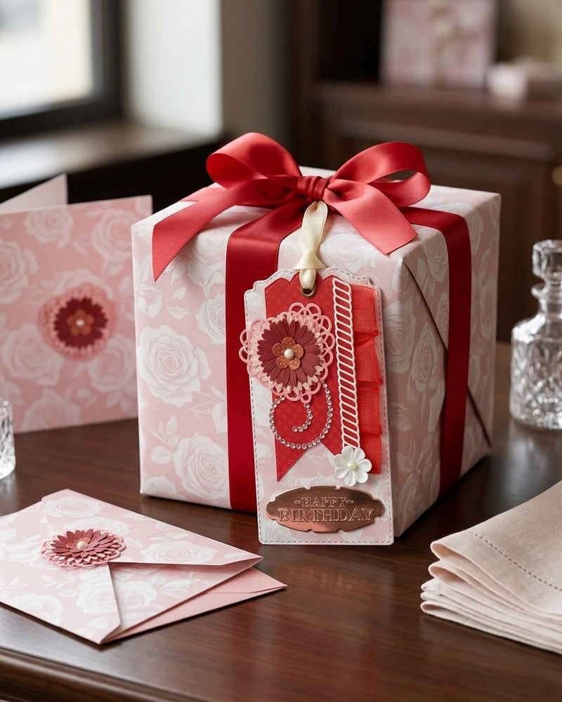 Luxury handmade Happy Birthday gift tag styled on a red and white gift box with red satin bow — Del Cards NZ handmade birthday gift tags make any birthday present feel truly special
