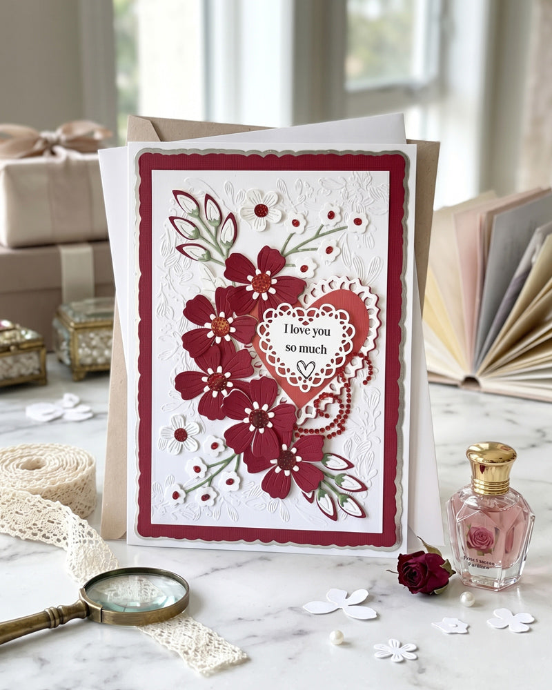 Handmade luxury love card displayed upright on a surface beside an open book, glass perfume bottle and pearl embellishments, showing full card design with deep red flowers and heart sentiment