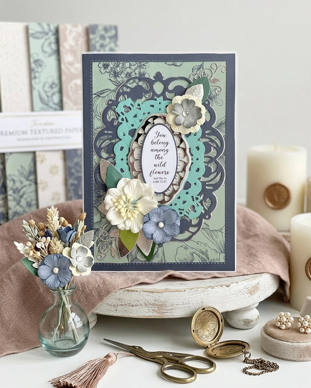 Handmade wildflower Christian card styled with neutral props, made in New Zealand by Del Cards