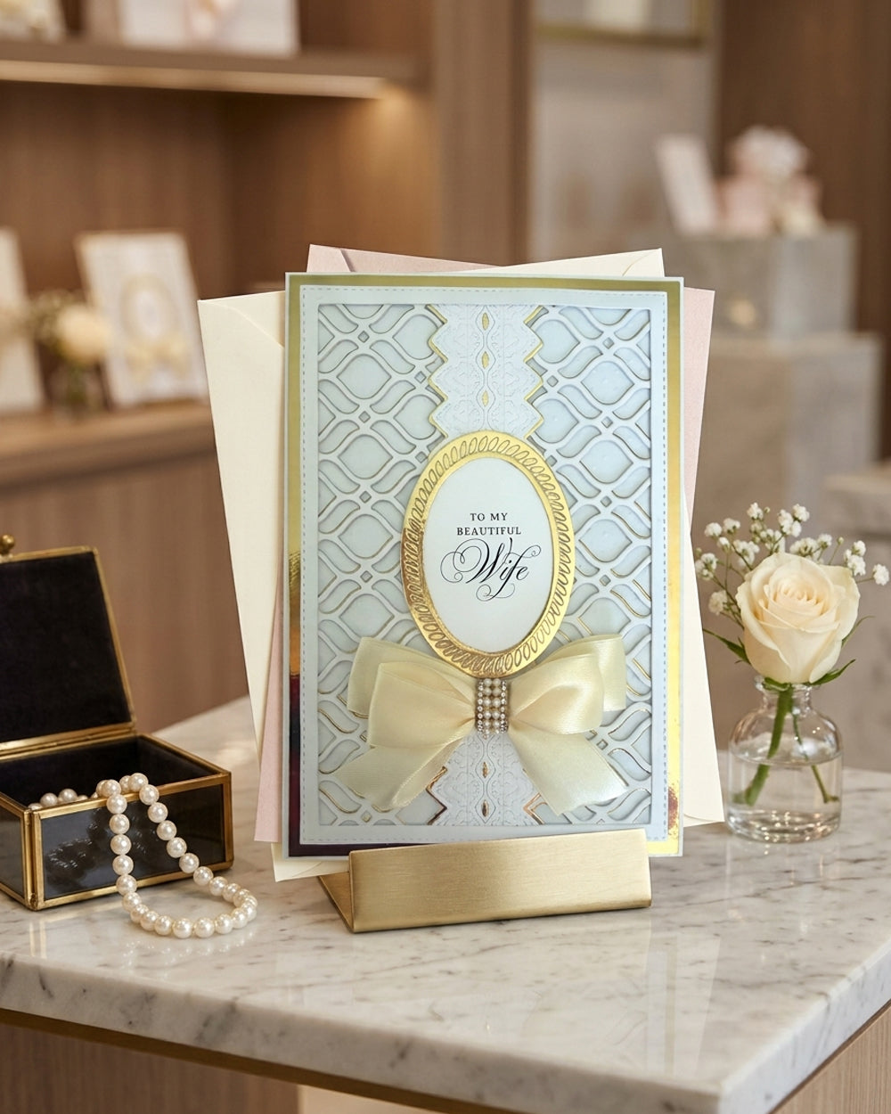 A square wedding thank-you card with a pale blue patterned background, a gold oval frame, and a cream bow, displayed on a gold stand on a marble countertop in a softly blurred indoor setting.