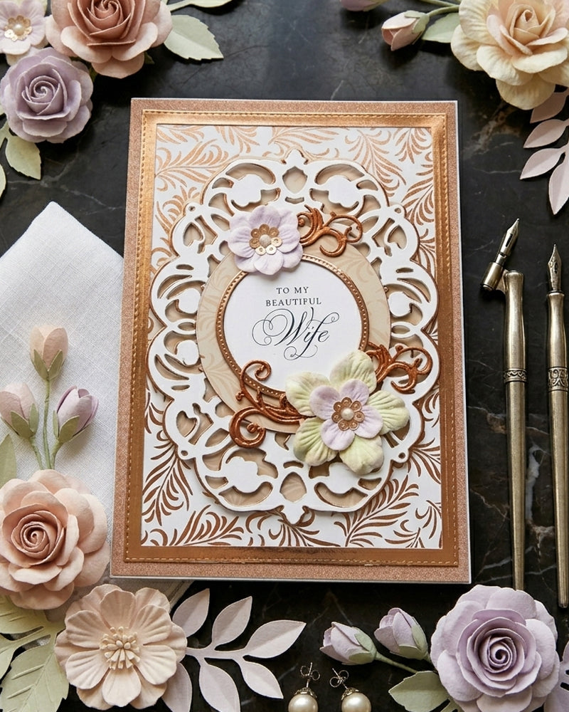 Luxury handmade card for a beautiful wife, made with elegant embellishments, made in New Zealand by Del Cards NZ