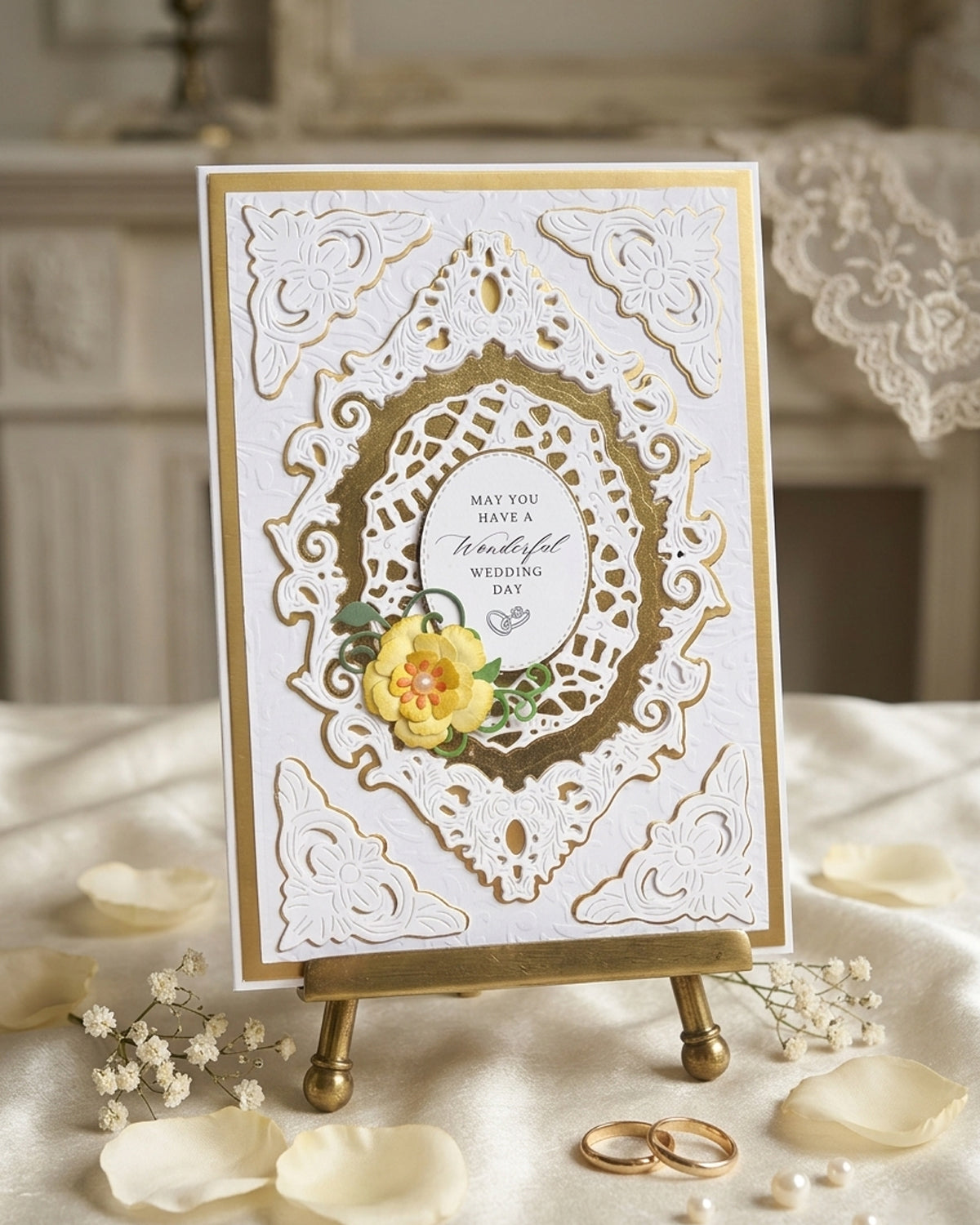Detail of luxury handmade wedding card by Del Cards NZ, layered papers and premium embellishments