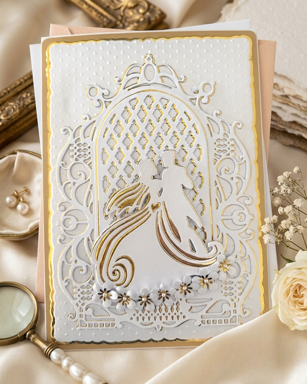 Wedding card styled with pearl beading and ribbon, handcrafted in Auckland New Zealand by Del Cards NZ