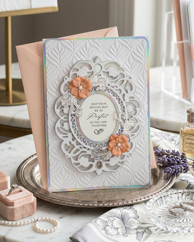 Amazing wedding card with mirror papers and fine gems, made in New Zealand by Del Cards NZ