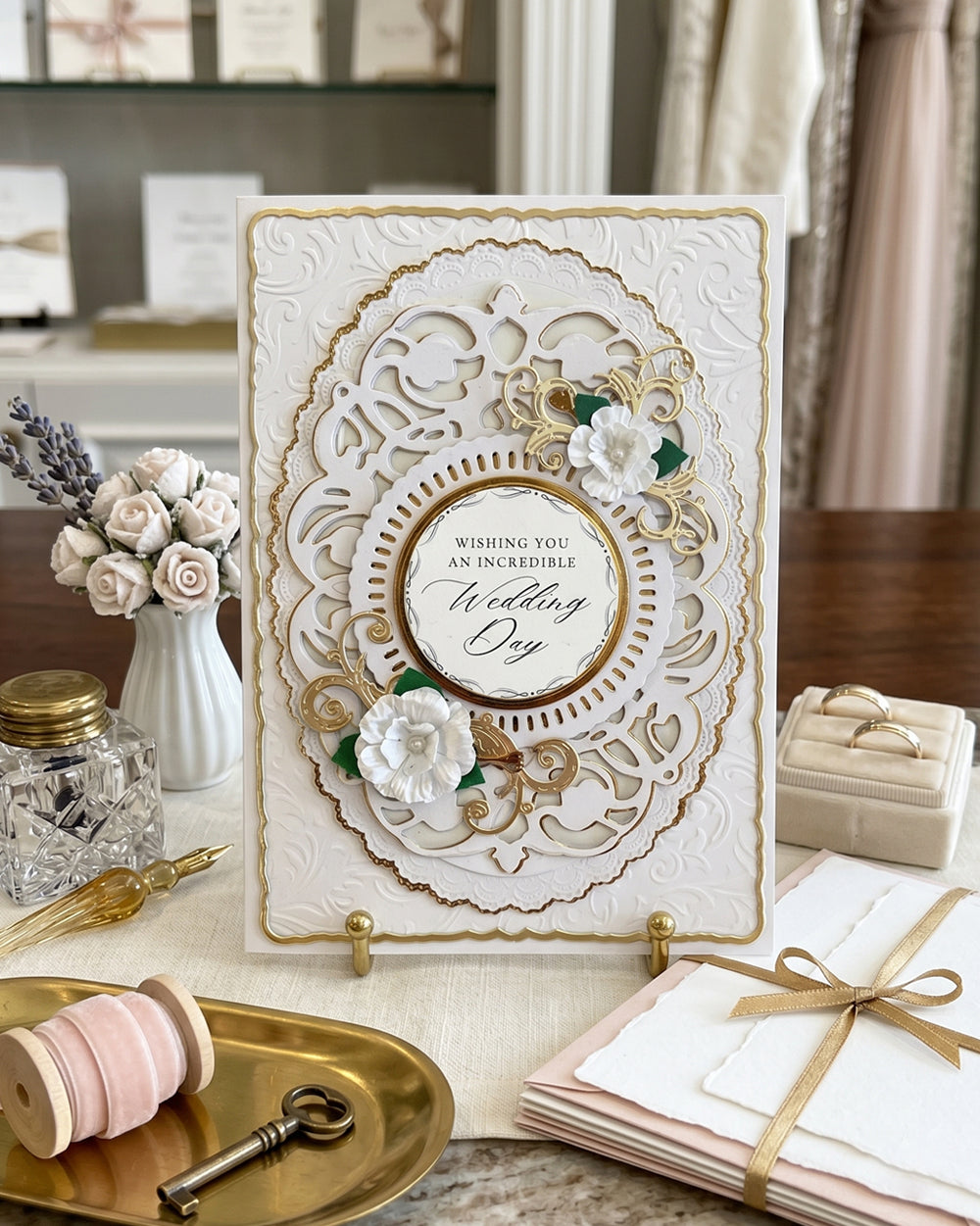 Luxury handmade wedding card with elegant embellishments, made in New Zealand — Wishing you an incredible Wedding Day, made by Del Cards