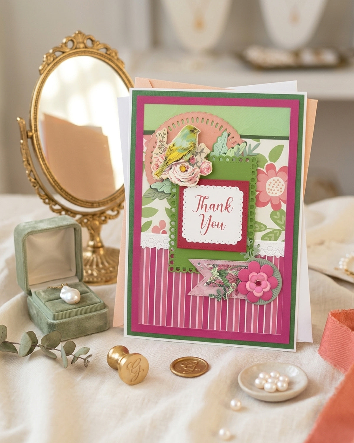 Thank You Card | Luxury Handmade Floral Card with Songbird Detail