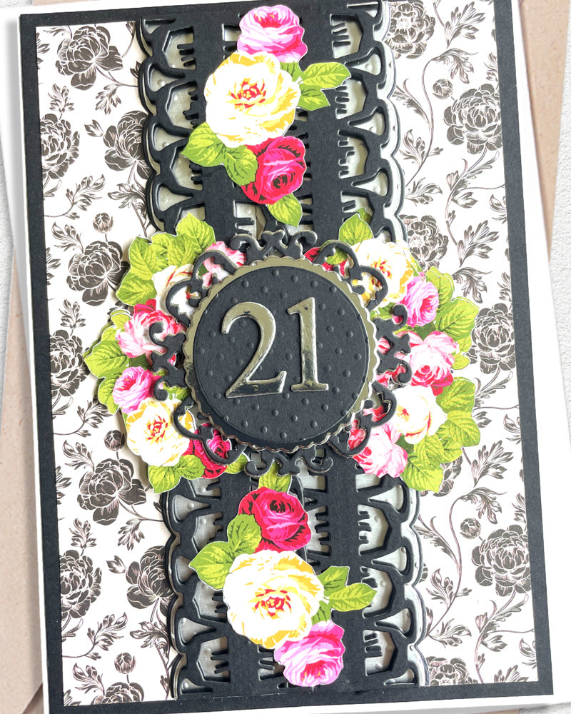 Details of luxury handmade 21st milestone birthday card by Del Cards NZ, premium layered papers and fine gems