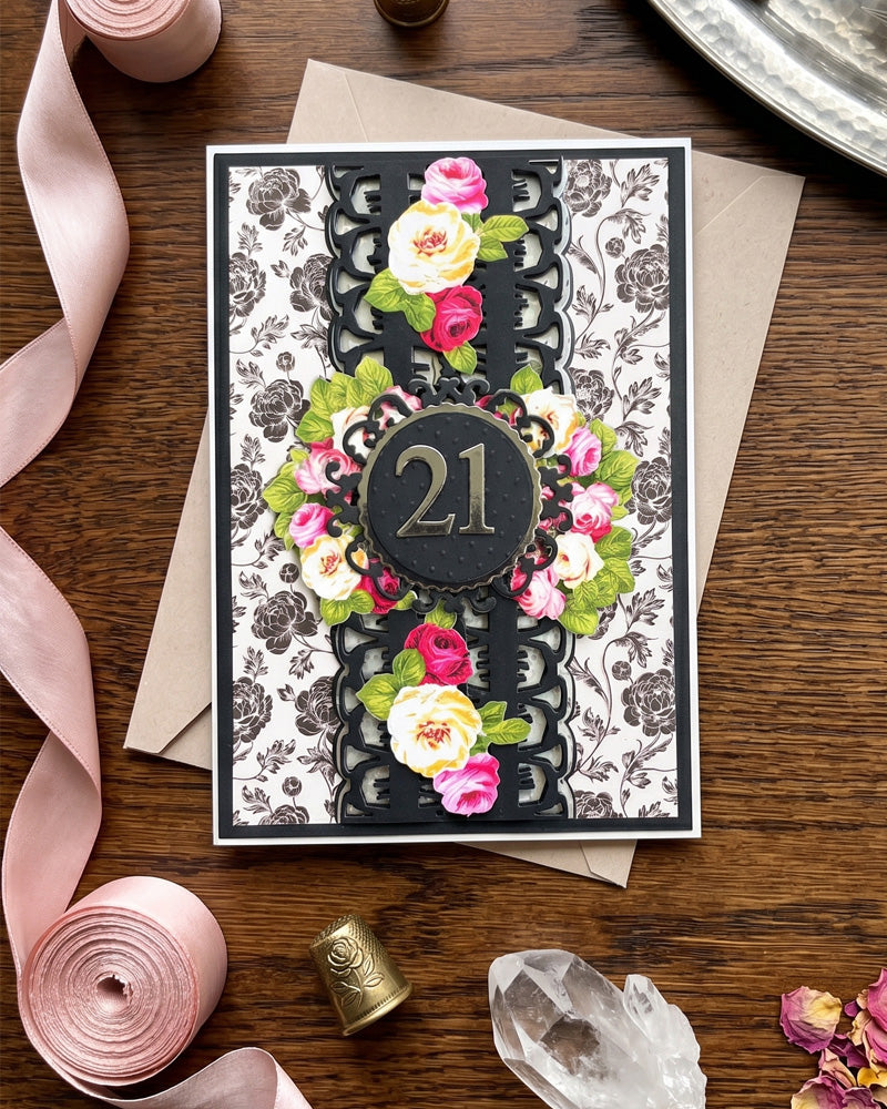 Luxury handmade 21st milestone birthday card by Del Cards NZ, premium layered papers