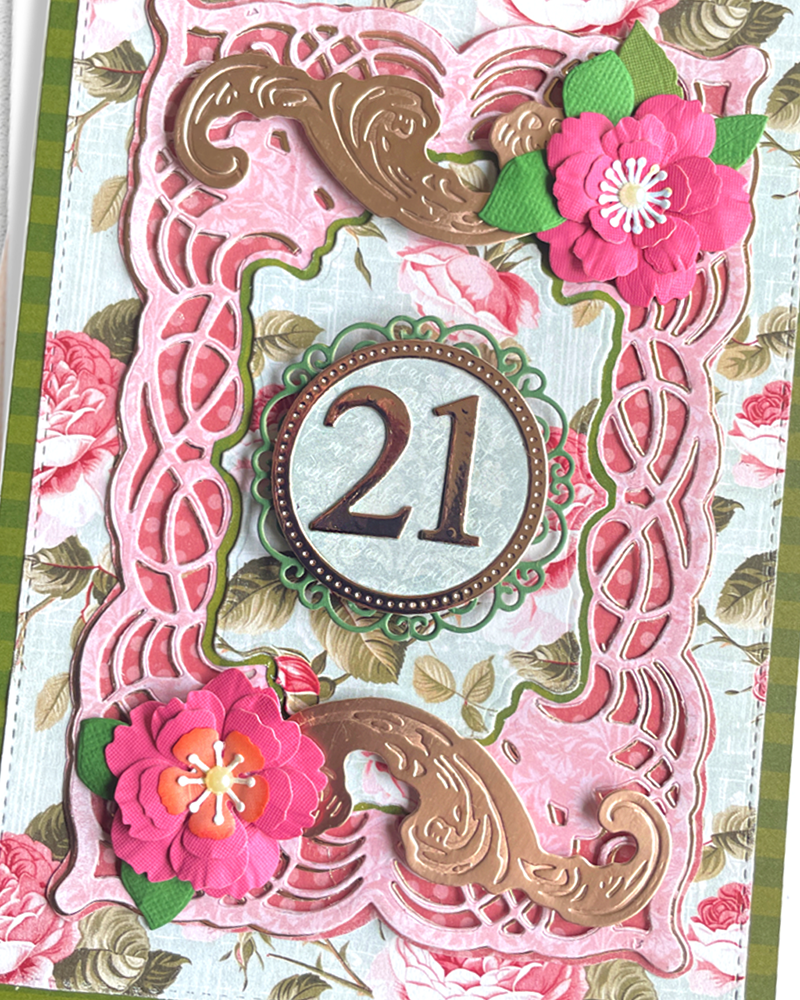 Detail shot of luxury handmade 21st birthday card by Del Cards NZ, intricate layered papers and premium materials
