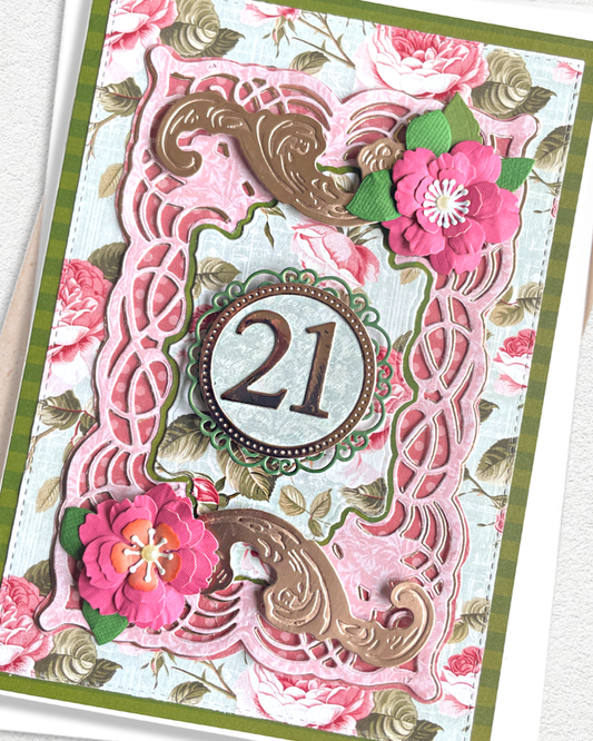 Details of luxury handmade 21st birthday card by Del Cards NZ, intricate layered papers and premium materials