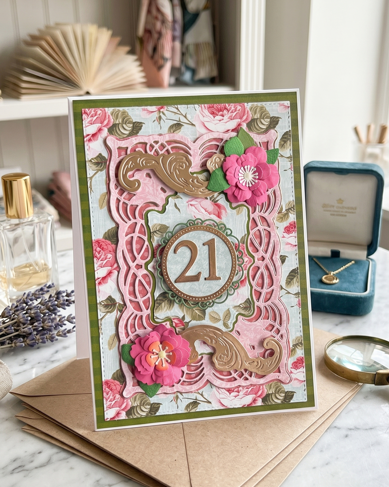 Luxury handmade 21st birthday card by Del Cards NZ, intricate layered papers and premium materials