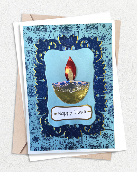 Handmade Diwali Cards NZ – Blue Foil Festival of Lights Greeting Card