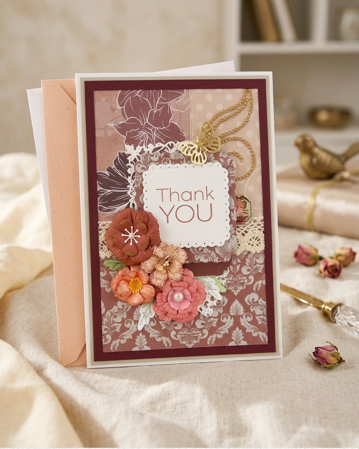 A handmade-style thank you card with a white envelope, featuring a dusty rose damask pattern, 3D fabric flowers in terracotta, peach, and pink, a gold ribbon bow, and a central white label that reads 'Thank YOU'. The card is styled on a cream fabric surface with dried rosebuds and a small gold bird figurine in the background, made in New Zealand by Del Cards.