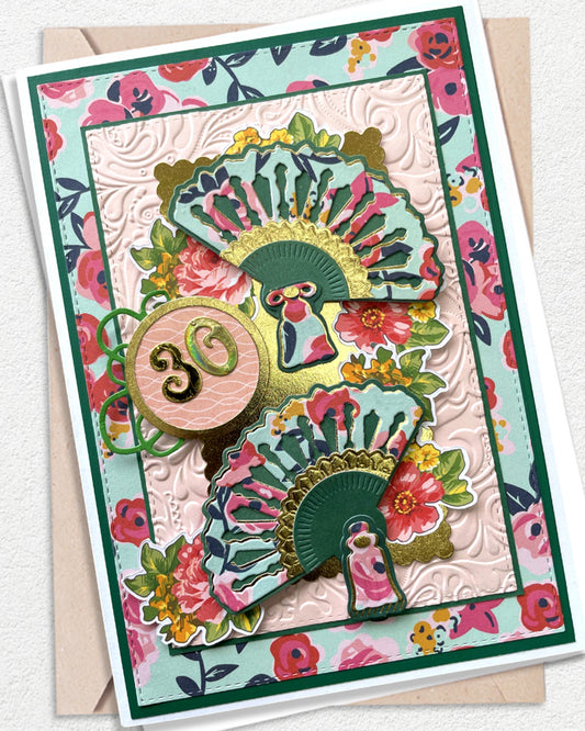 Details of stunning handmade 30th birthday card with elegant embellishments, made in New Zealand
