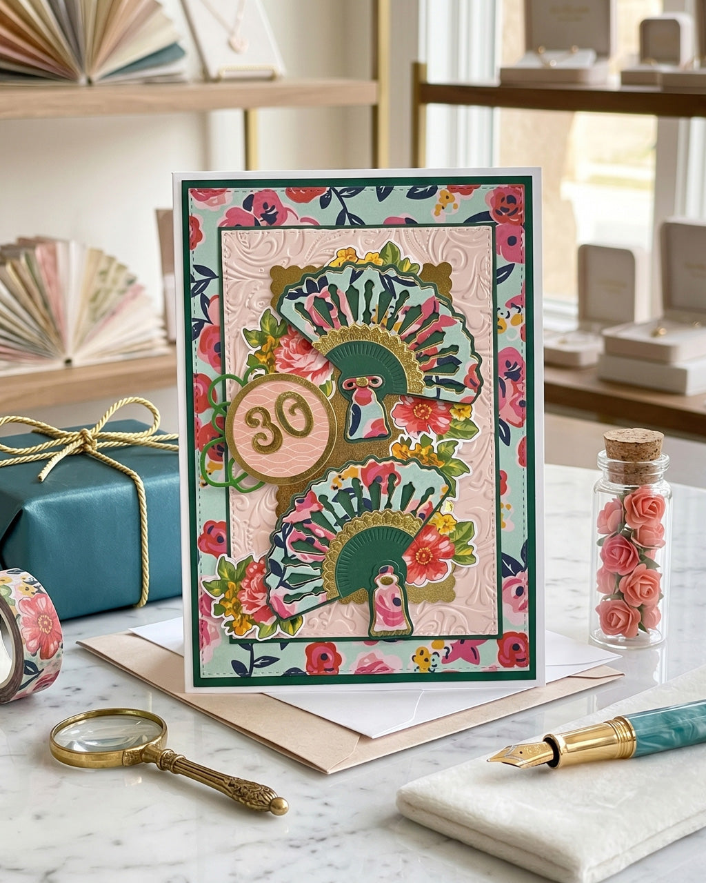 Luxury handmade 30th birthday card with elegant embellishments, made in New Zealand by Del Cards