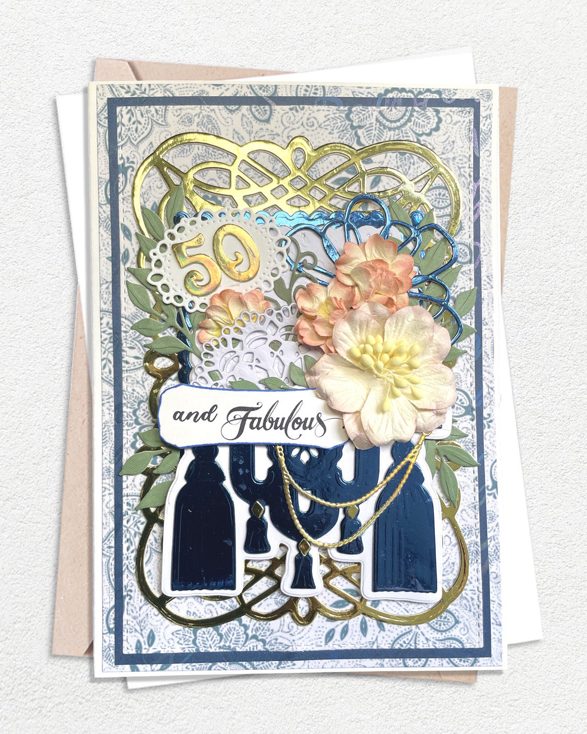 Luxury handmade 50th birthday card with elegant embellishments, made in Auckland New Zealand