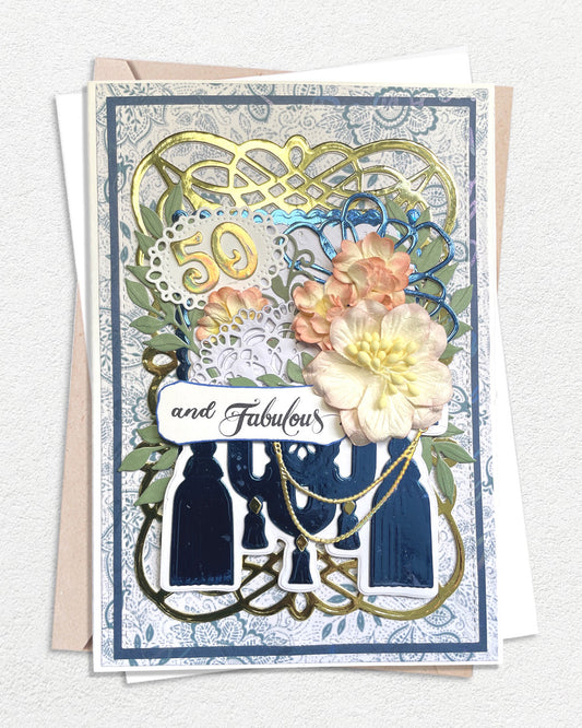 Luxury handmade 50th birthday card with elegant embellishments, made in Auckland New Zealand