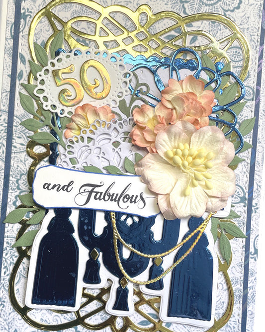 Details of luxury handmade 50th milestone birthday card by Del Cards NZ, premium layered papers and fine gems