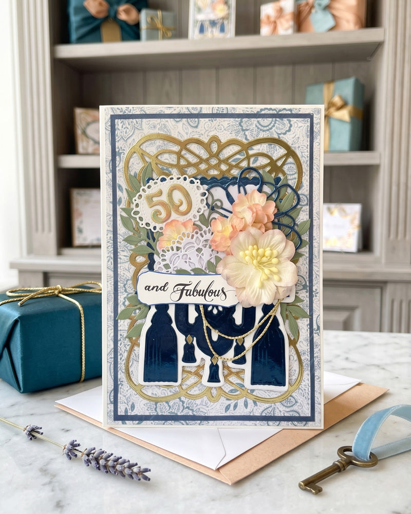 Luxury handmade 50th birthday card with elegant embellishments, made in New Zealand by Del Cards NZ