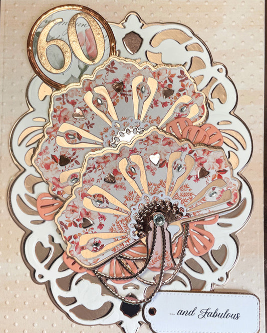 Details of luxury handmade 60th milestone birthday card by Del Cards NZ, premium layered papers and fine gems