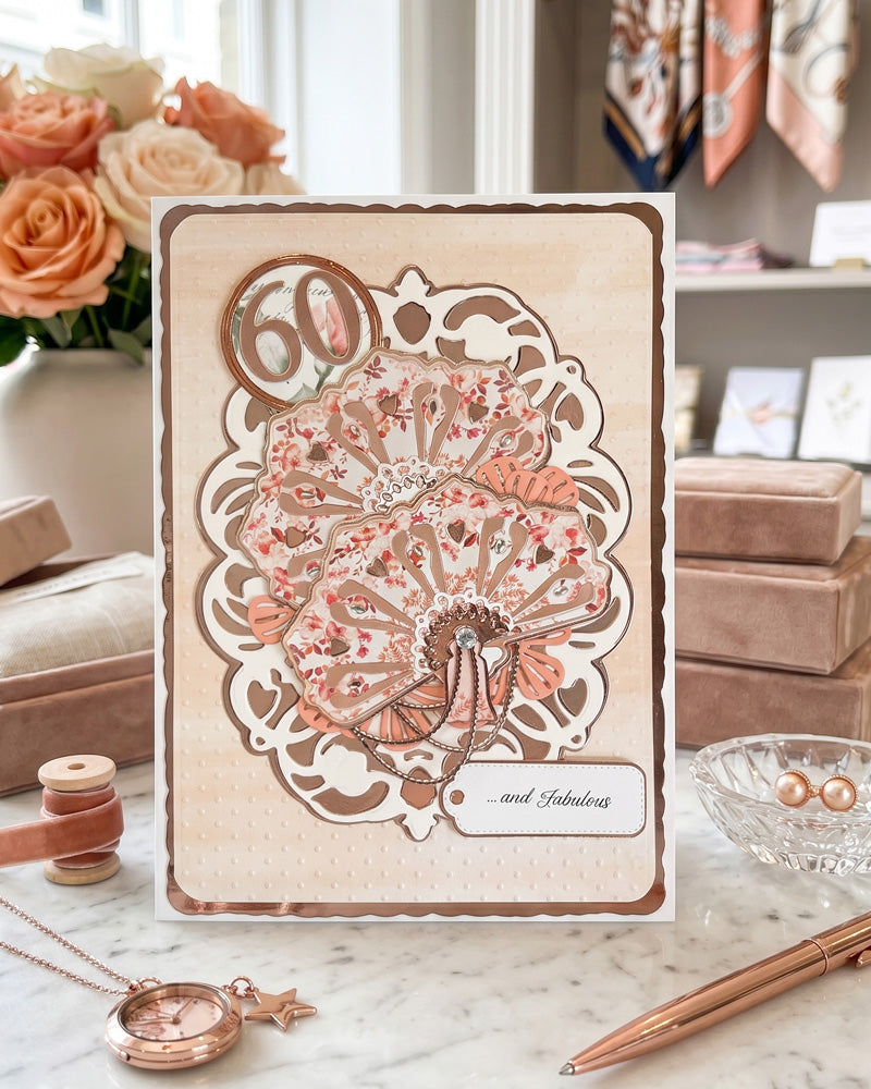Luxury handmade 60th birthday card with elegant embellishments, made in New Zealand by Del Cards