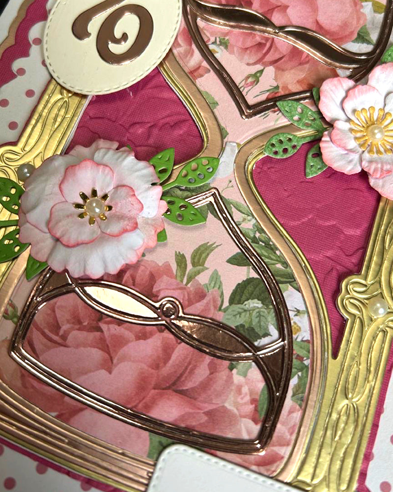Details of luxury handmade 70th milestone birthday card by Del Cards NZ, premium layered papers and fine gems