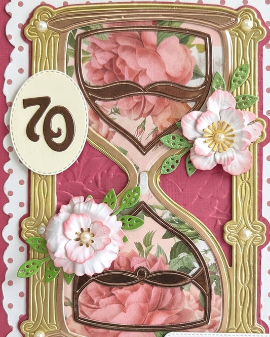 Detail shot of luxury handmade 70th milestone birthday card by Del Cards NZ, premium layered papers and fine gems