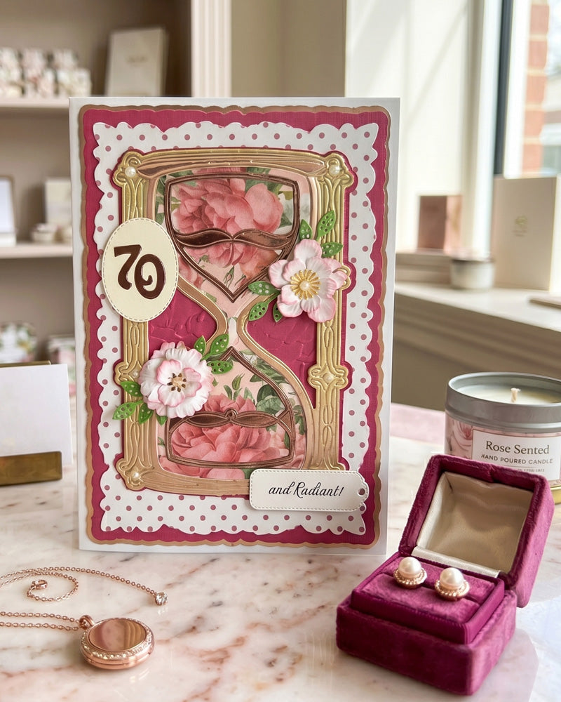 Luxury handmade 70th milestone birthday card by Del Cards NZ, premium layered papers and fine gems