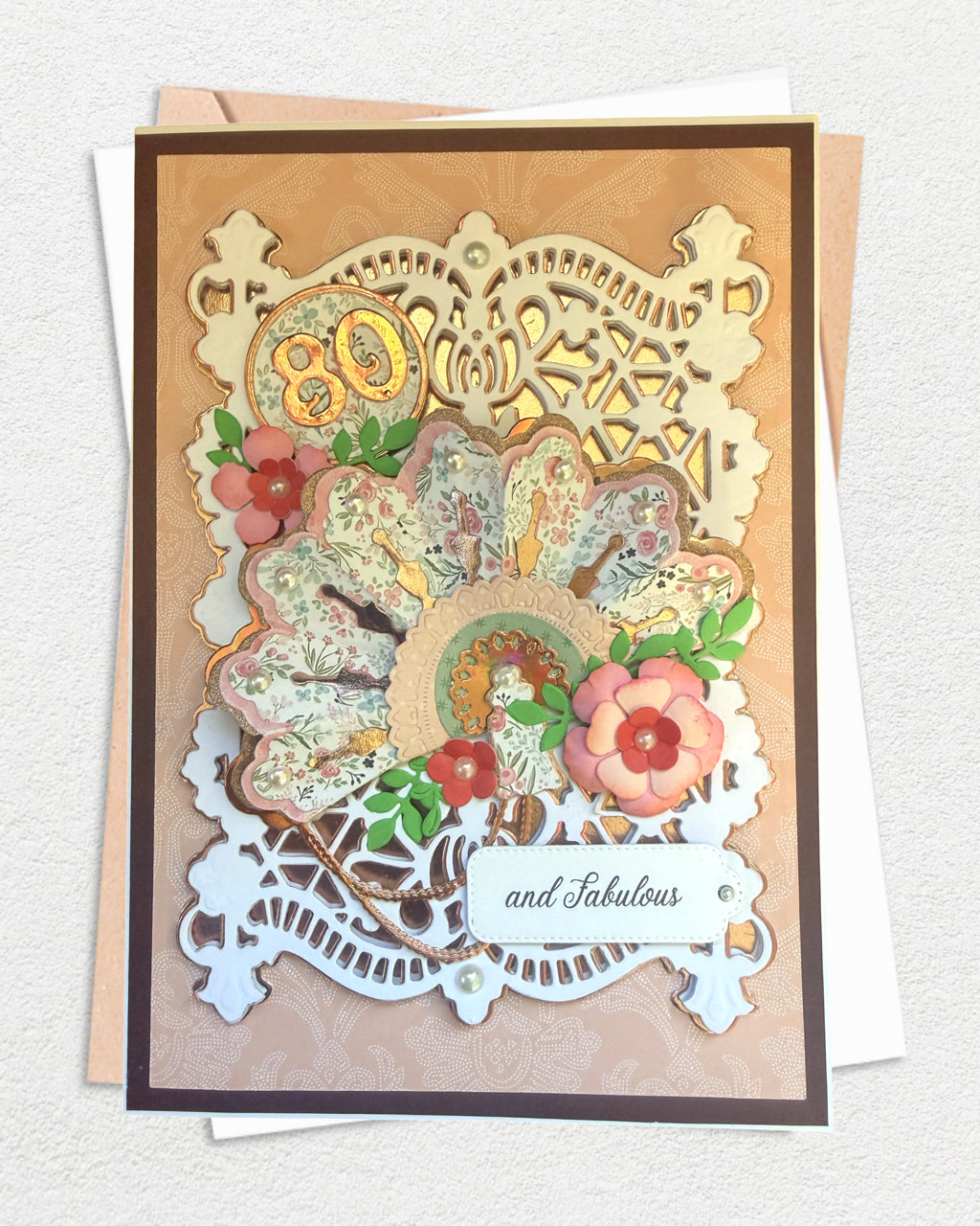 A luxury handmade birthday card with floral elements and '80 and Fabulous' text on a white background, made in New Zealand by Del Cards NZ