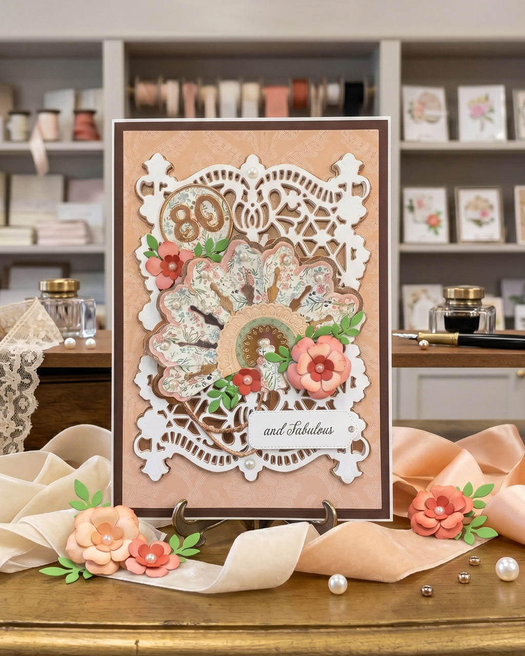 Amazing 80th birthday card with floral and lace design on a wooden surface with decorative elements, made in NZ by Del Cards