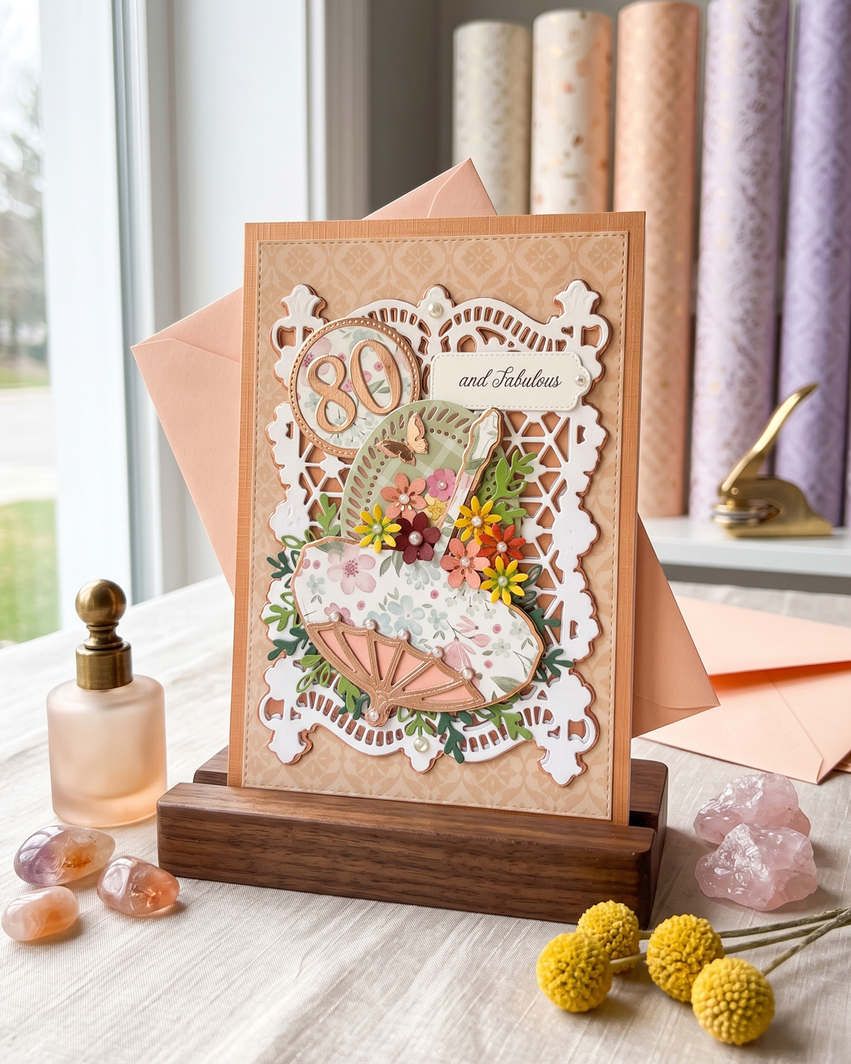 A handmade layered greeting card displayed on a wooden stand on a tabletop. The card features intricate white lace overlays, a peach-colored scalloped envelope holder, a floral arrangement, and the text '80 and above' and 'Happy 80th Birthday.