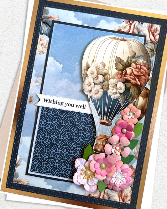 Detail shot of handmade farewell card by Del Cards NZ, premium layered papers and beautiful embellishments