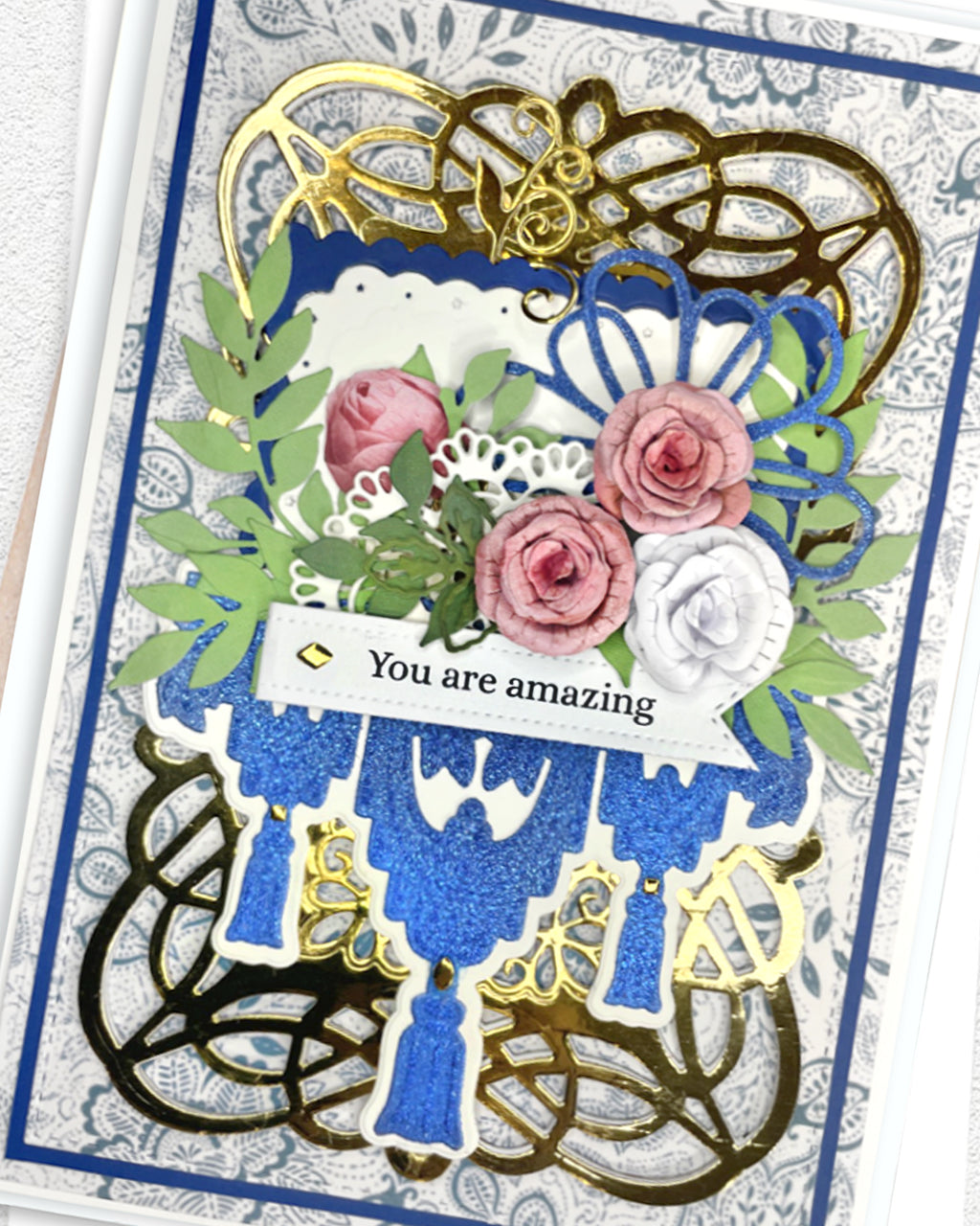 Detail shot of handmade encouragement card by Del Cards NZ, beautiful layered papers and fine embellishments